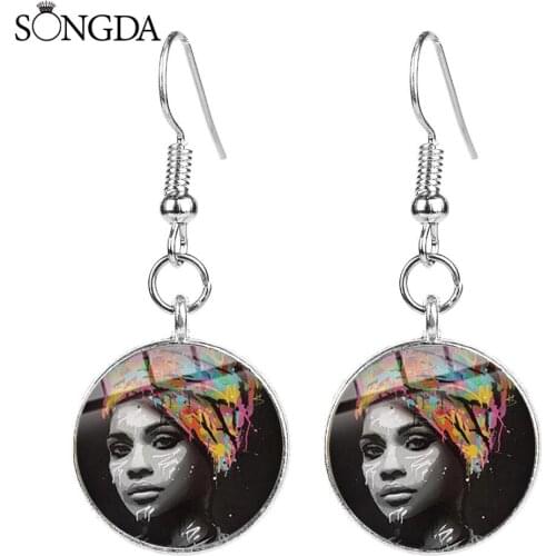 Fashion African Girl Art Photo Glass Cabochon Hook Earrings Handmade African Woman Drop Earrings For Women Party Wedding Jewelry