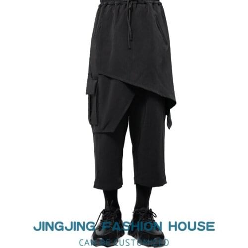 S-6XL!!2021 mens wide-leg pants culottes Samurai pants asymmetric irregular black multi-layered patching
