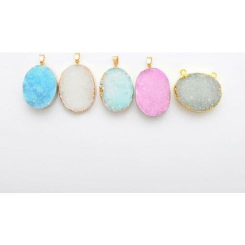 Oval Natural Stone Gold Color Edged Slice Open Agates Geode Drusy Druzy Connector Pendants 30*40MM