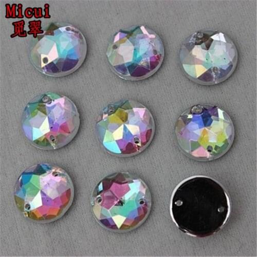 Micui 100PCS 13mm AB Clear Round Acrylic Rhinestones Crystal Flat Back Beads Sew On 2 Holes Stones For Clothing Decoration ZZ160