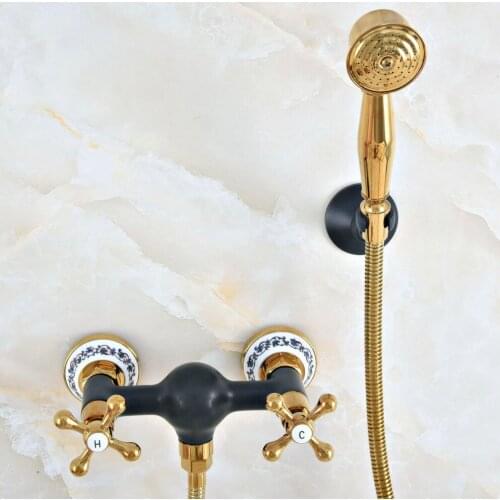 Luxury Gold Color Brass Black Oil Rubbed Bronze Wall Mounted Bathroom Hand Held Shower Head Faucet Set Bath Mixer Tap mna516