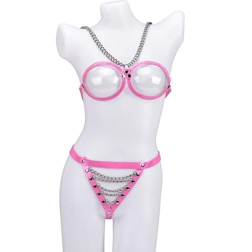 Sexy Women Top Bra Pink Bondage Lingerie Punk PU Leather Lace Bra Harness Gothic Studded Waistband Garter Body Belt Suspender