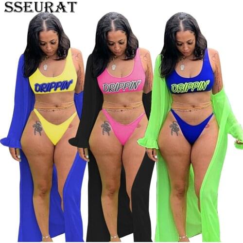 SSEURAT Women Sets Summer Beach Bikinis Set Swimwears Print Top+ panties+Coats 3 Piece Sets Bohemian Swimsuit Bathing Suits