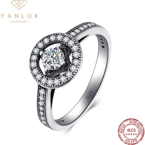 YANLOK Real 925 Sterling Silver Round Vintage Handmade Dazzling CZ Fine Jewelry Fashion Classic Rings for Women Festivals Gifts