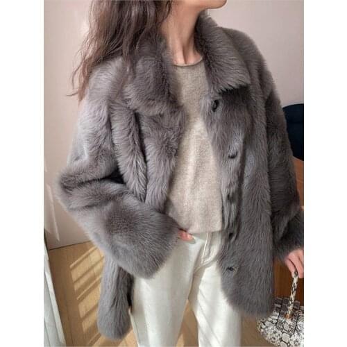 Hstar Women 2021 Autumn Winter Fashion Faux Fur Jackets Female Solid Color Warm Coats Ladies Double-faced Fur Loose Overcoats