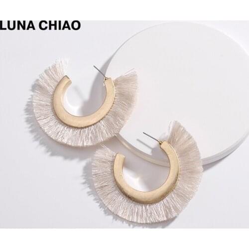 LUNA CHIAO 2018 Fall Winter New Style 7Colors C Circle Worn Gold Metal Fringe Tassel Hoop Earrings for Women