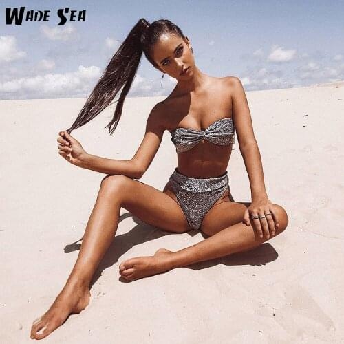 WADE SEA 2019 New High Waist Bandeau Bling Thong Bikini Sex Women Solid Strapless Swimwear Push Up Swimsuit Beach Wear