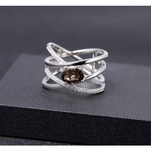 GEMS BALLET Solid 925 Sterling Silver Cross Finger Ring 0.75Ct Natural Smoky Quartz Gemstone Band Rings For Women Fine Jewelry