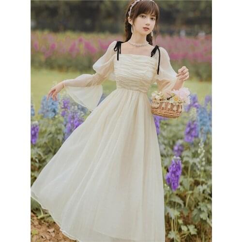 Women French Gentle Wind One-neck Sweet Fairy Dress Summer New Retro Puff Sleeve Elegant First Love Dating Dress