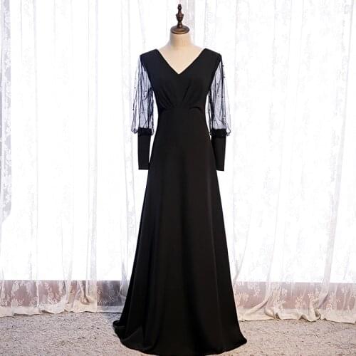 Bespoke Occasion Dresses Vintage V-Neck Full Lace Luxury Black Pearls Pleat Backless Floor-Length Lady Formal Evening Gown HB118
