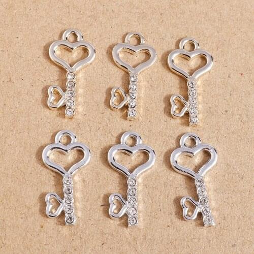 10pcs 12*23mm Alloy Love Heart Charms for Jewelry Making Crystal Key Charms Pendants Fit Necklaces Earrings Keychain DIY Crafts