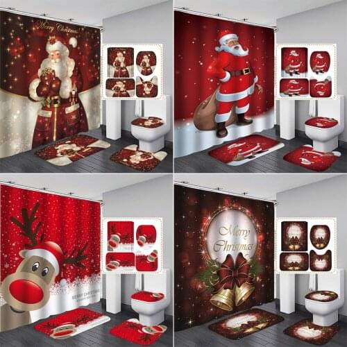 Santa Claus Elk Bell 3d Shower Curtains for Bathroom Decoration Christmas Toilet Lid Cover Bath Mat Set Holiday Party Home Decor