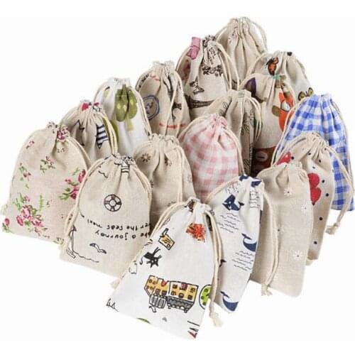 50pcs/lot Cartoon printing multicolor Vintage Natural Burlap Gift Candy Bags Wedding Party Favor Pouch Jute Gift Bags Supply