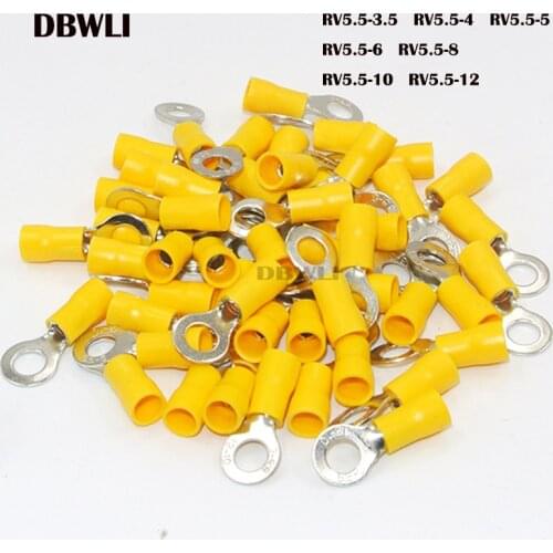 50PCS RV5.5-4 RV5.5-5 RV5.5-6 RV5.5-8 Yellow Ring insulated terminal cable Crimp Terminal suit 4-6mm2 Cable Wire Connector