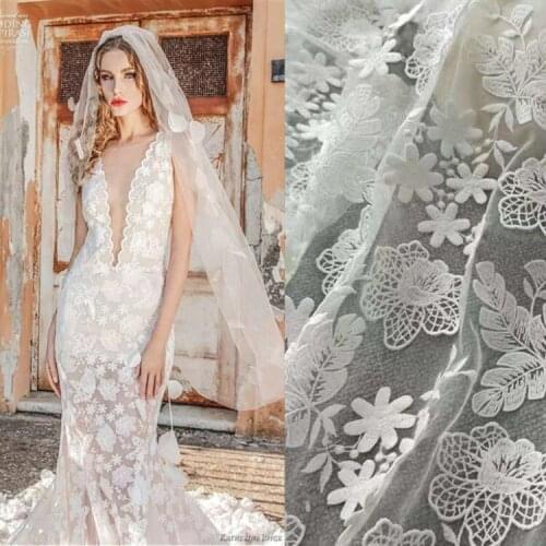 GLace 1Y/Lot Off White delicate Milk silk lace 3D flower sewing fabric for wedding dress decoration DIY craft accessories TX1389