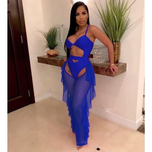 Fluorescence Color Two Piece Set Hollow Out Spaghetti Straps Bodysuit Swimwear Ruffle Sheer Mesh Pants MH679