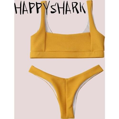 HAPPYSHARK Sexy Thong Bikinis 2018 New Special Fabric Bandeau Swimsuit Women High Cut Solid Swimming Suit Maillot De Bain