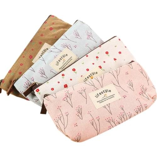 1pcs Cute Kawaii Floral Flower Canvas Zipper Pencil Cases Lovely Fabric Flower Tree Pen Bags School Supplies New Stationery