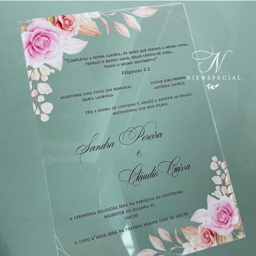 Customized Pink Floral Acrylic Wedding Invitation with Envelope,50pcs