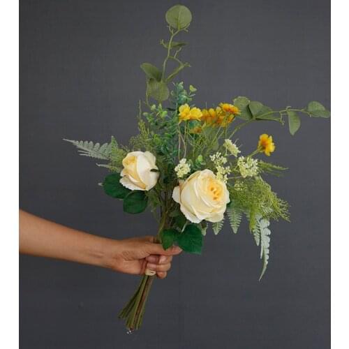 Rose and Leaves Bouquet Artificial Flowers Bundle Fake Flores DIY Home Decor Party Wedding Bridal Holding