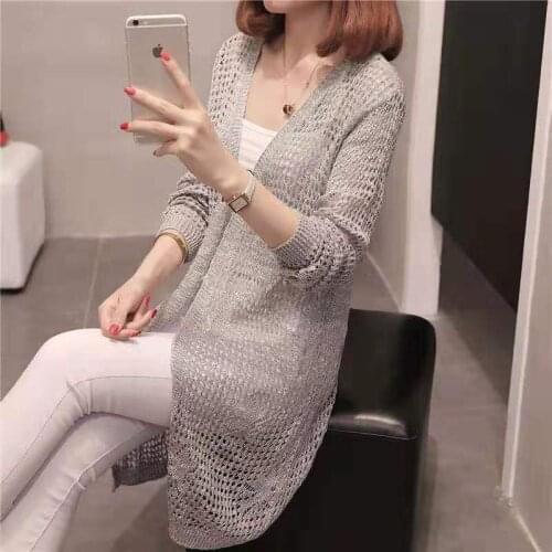 Long Causal Cardigan Sweaters Women Hollow Out Knitted Summer Knitwear Ladies V-Neck Girls Cardigans Long Sleeve Jumper Female