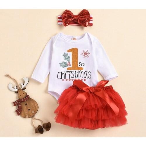 Baby Girl My First Christmas Outfits Long Sleeve Letter Print Romper Tops+ Tutu Skirt + Bow Headband 3 Piece Set
