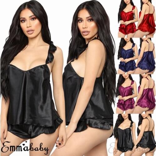 2 Pieces Set Night Dress 2019 Womens Sexy Satin Lace Sleepwear Babydoll Lingerie Nightdress Pajamas Set Home Dress