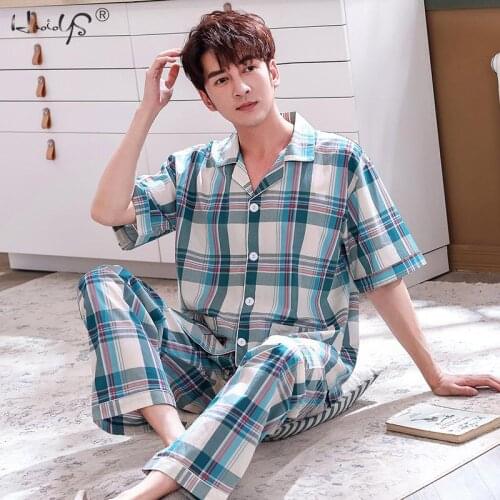Summer Mens Cotton Pajamas Plaid Printing Sleepwear Cartoon Pajama Sets Casual Sleep&Lounge Pyjamas Plus Size Pijama Home Wear