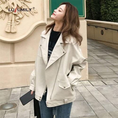 Lusumily Women Casual Loose Faux Leather Jacket Moto Biker Jackets Female Basic Coats LadiesSoft Pu Leather Oversized Outerwear