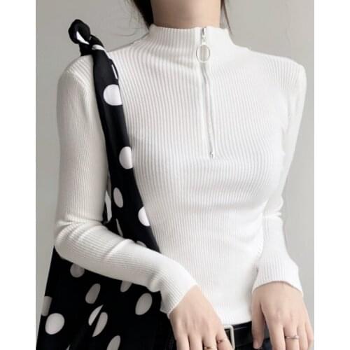 Fashion Sweaters Women Turtleneck 2021 New Autumn and Winter Korean Sweater Black Ring Zipper Pullover Knitted Jumper Tops 16682