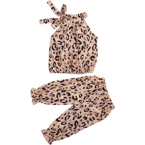 Fashion Kids Baby Girls Clothes Sets Leopard Print Sleeveless Belt Vest Tops Pants 2pcs