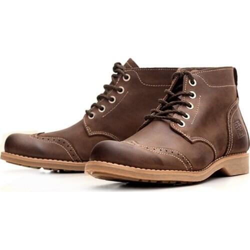 Retro Brogue Knight Boots For Men Breathable Genuine Leather British Ankle Boots Lace Up Casual High Top Safety Zapatos Hombre