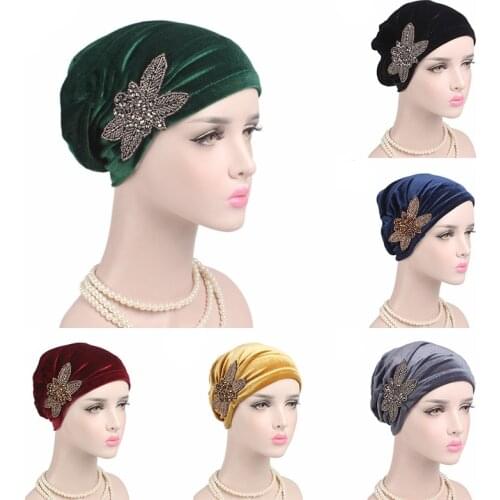 New Soft Velvet Turban Hat Muslim India Cap Elegant Beaded Flower Beanie Chemo Cap For Cancer Hair Loss Ladies Turbante
