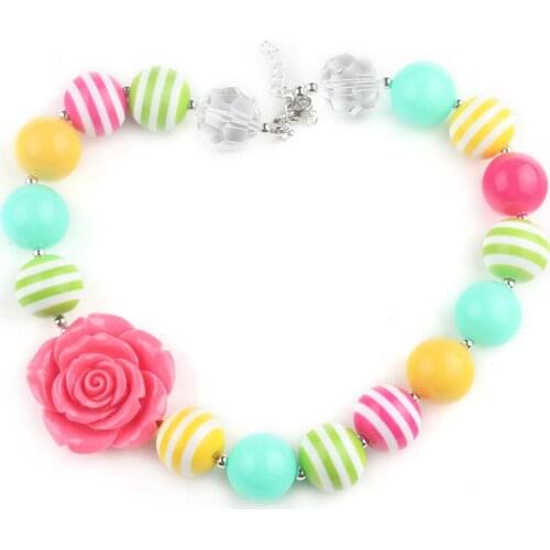 Sweet Candy Colorful Girls Dress Outfits Jewelry 42mm Resin Rose Flower Stripe Beads Chunky Bubblegum Necklace For Kids Gifts