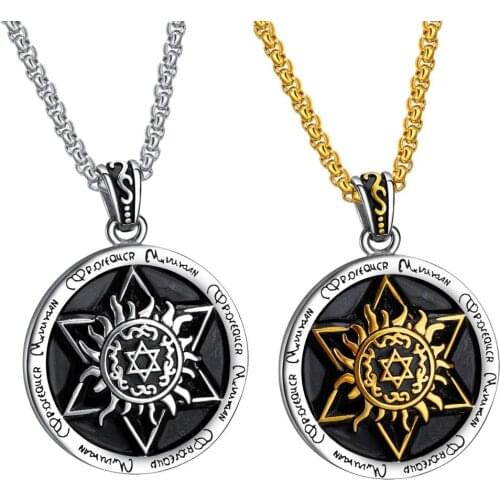Vintage Stainless Steel Talisman Hexagram David Star Round Pendant Necklace For Men Punk Jewelry