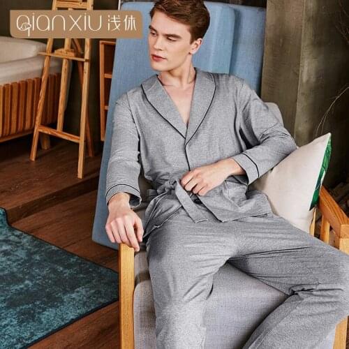 Qianxiu autumn pajamas men cotton gray color lapel Cardigan sleepwear men splicing cuff mens pyjama comfortable men nightwear