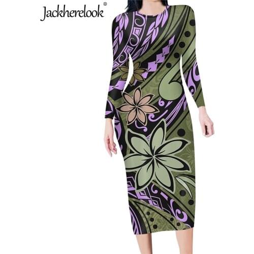 Jackherelook Long Sleeve Bodycon Pencil Dress for Womens Hawaiian Polynesian Tribal Print Casual Office Lady Party Slim Dresses