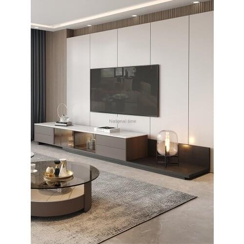 Nordic rock plate telescopic TV cabinet light luxury modern round glass tea table TV cabinet living room 2021 NEW