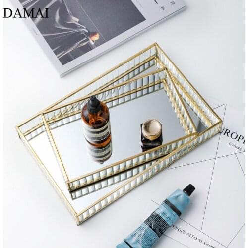 Gold Inlay Glass Mirror Trays Decorative Hollowation Copper Strip Jewelry Cosmetic Storage Display Tray Home Decoration Modern
