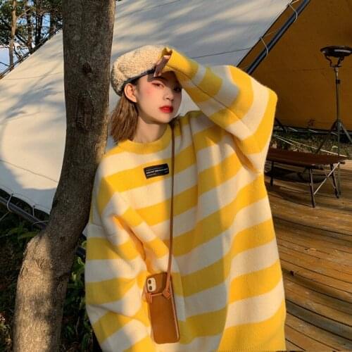 Korea Oversized Striped Sweaters Women Harajuku O Neck Loose Warm Streetwear Student Teen Knitwear Winter Pink Cute Pullover