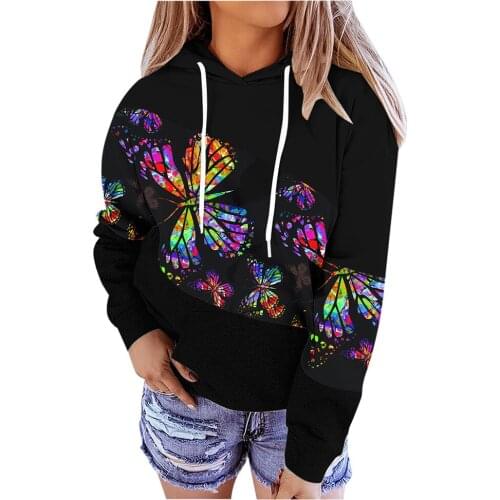 Hoodie Women Casual Butterfly Print Hoodies Top With Fashion Harajuku Sweatshirts Long Sleeve Patchwork Hooded Sweatshirt