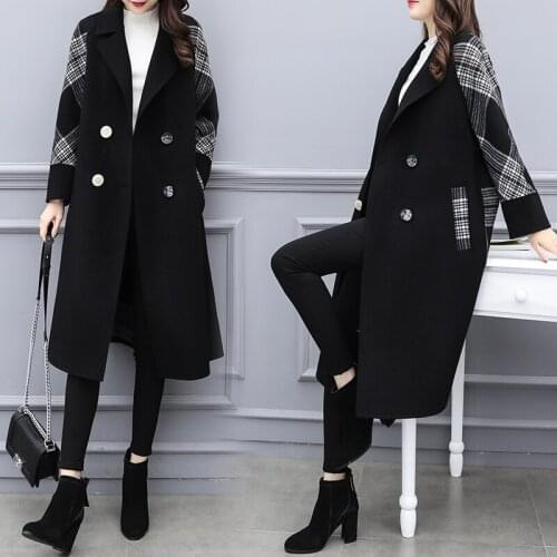 Black Plaid Stitching Long Wind Coat Clothes Trench Female Autumn Winter New Woolen Womens Windbreaker Casaco Feminino Raincoat