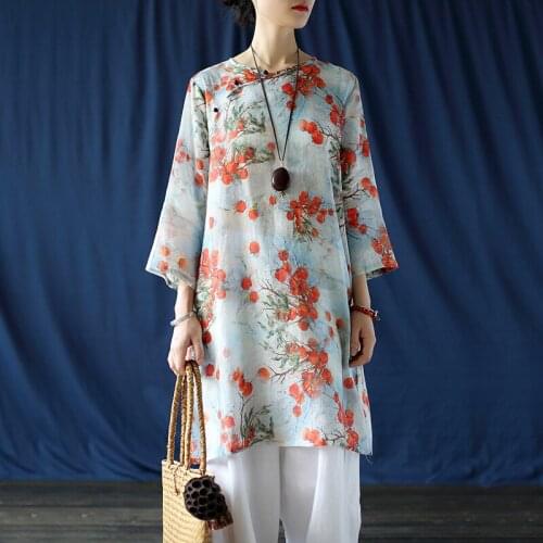 Johnature Women Chinese Style Shirts Button V-Neck Seven Sleeve Blouses For Female Ramie High Quality Tops 2020 Vintage Shirts