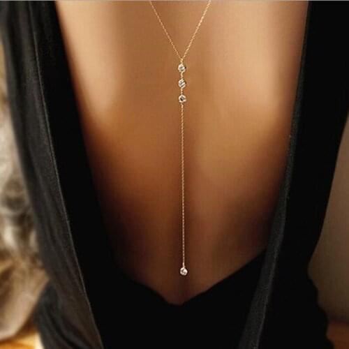 Women Long Necklace Body Sexy Chain Bare Back Gold silver crystal Rhinestone Pendant chain necklace backdrop beach body jewelry