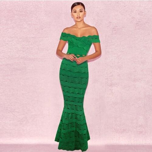 Elegant Slash Neck Mermaid Jacquard Wavy Cut Out Cold Shoulder Short Sleeve Maxi Bandage Club Dress