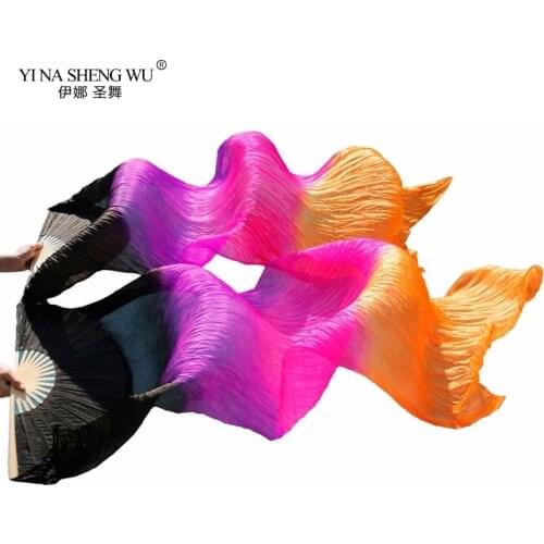 100% Real Silk Dance Fans 1 Pair Handmade Dyed Silk Belly Dance Long Fans Dance Props Black+Purple+Rose+Orange 150/180x90cm Fans
