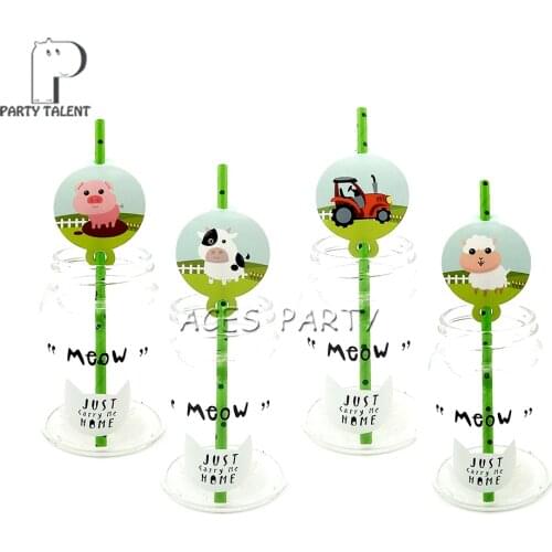 12pcs Farm Animals Theme Straws Pig Chick Cow Sheep Party Decoration Biodegradable Paper Straw Tube Eco Friendly