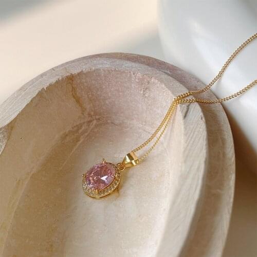 Amaiyllis 925 SterlingSilver Golden Fashion Personality Pink Zircon Clavicle Chain Necklace Pendant Exquisite Necklace For Women