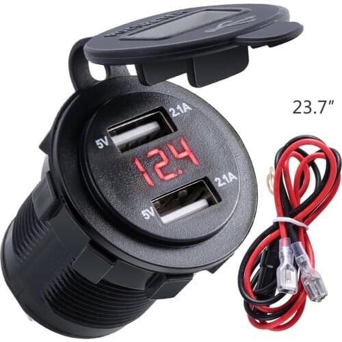 Waterproof Car Charger Dual USB Car Motorcycle Chargers Socket Adapter Outlet Intelligent Charging With Wire LED Voltmeter