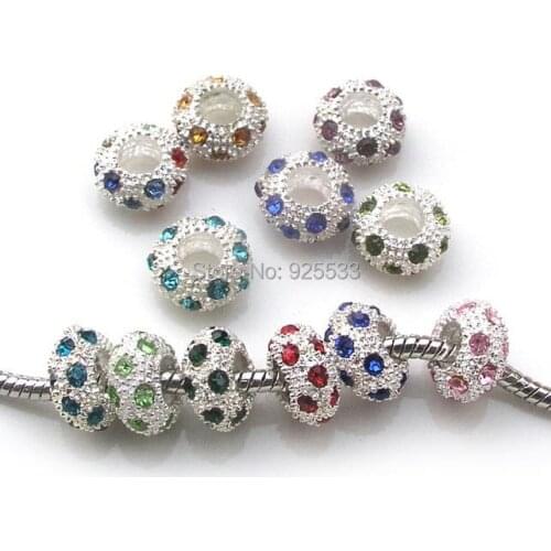 Free shipping 12mm 100pcs per lot silver color alloy mix color rhinestone big hole beads fit European bracelet DIY